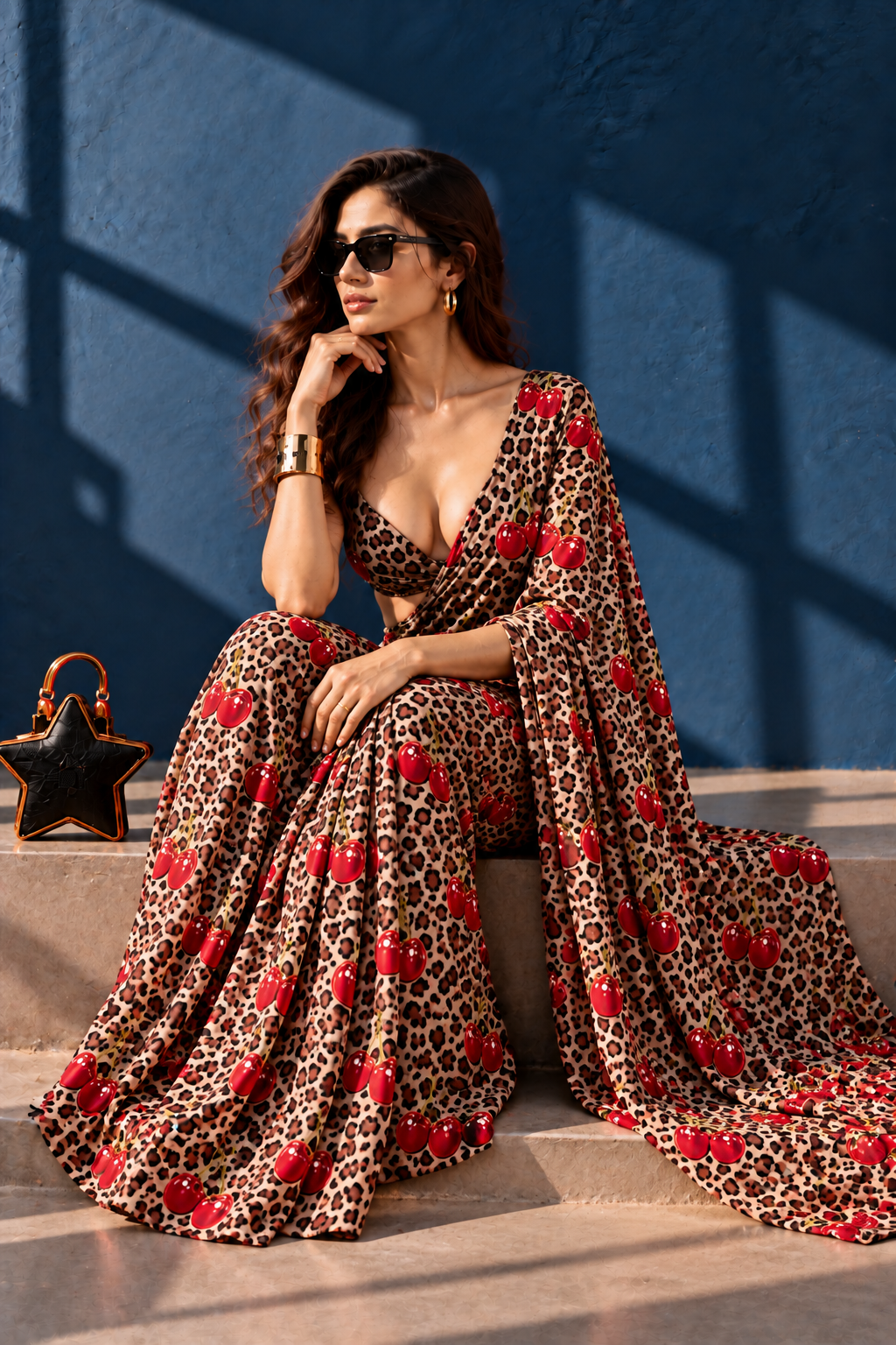 Cherry Pop Leopard Print Silk Blend Saree