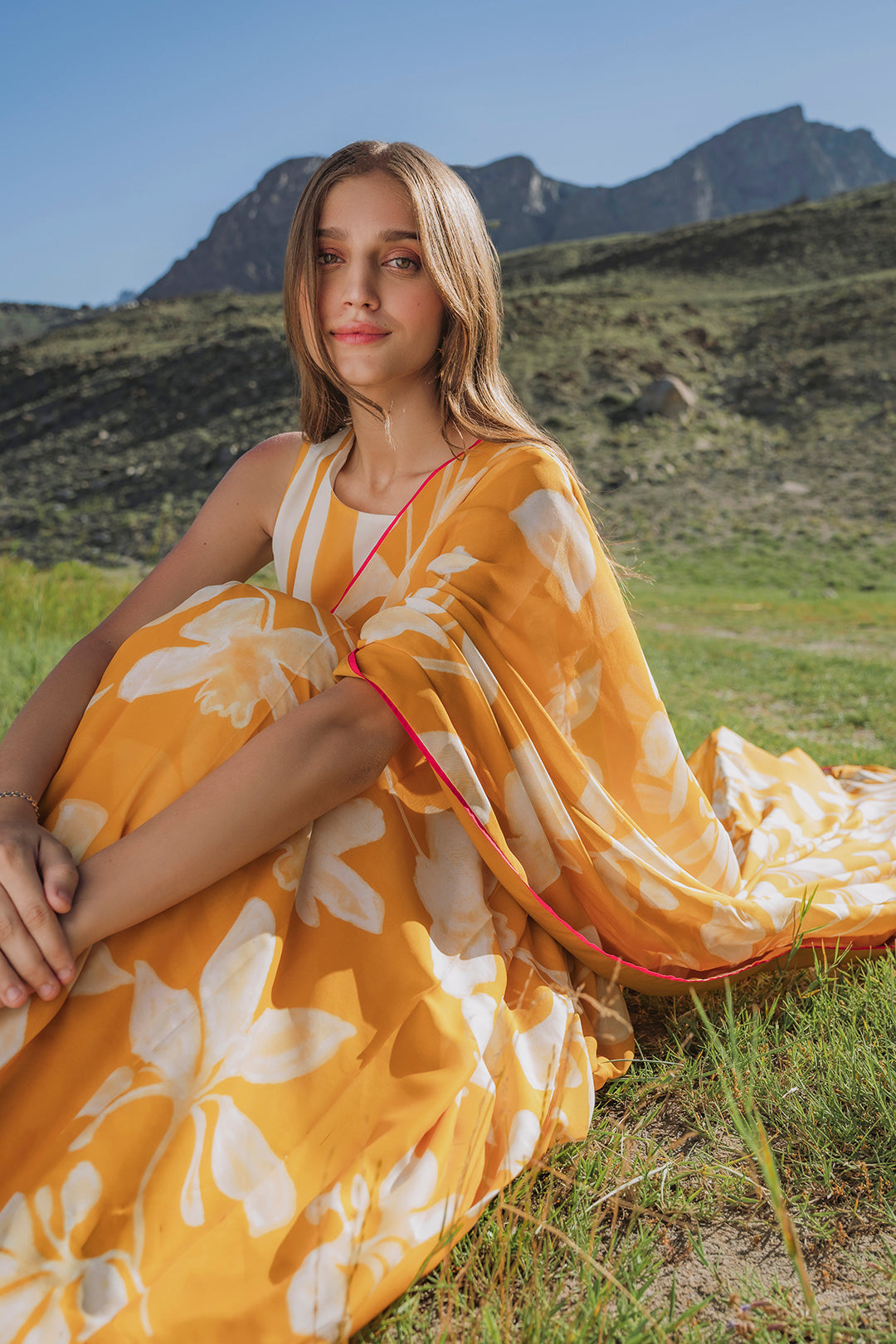 Orange Floral Print Saree - Vibrant Silk Blend with Unstitched Blouse