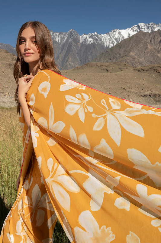 Orange Floral Print Saree - Vibrant Silk Blend with Unstitched Blouse