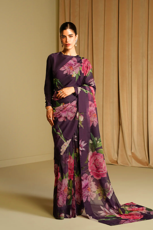 Elegant Purple Floral Silk Blend Saree with Unstitched Blouse