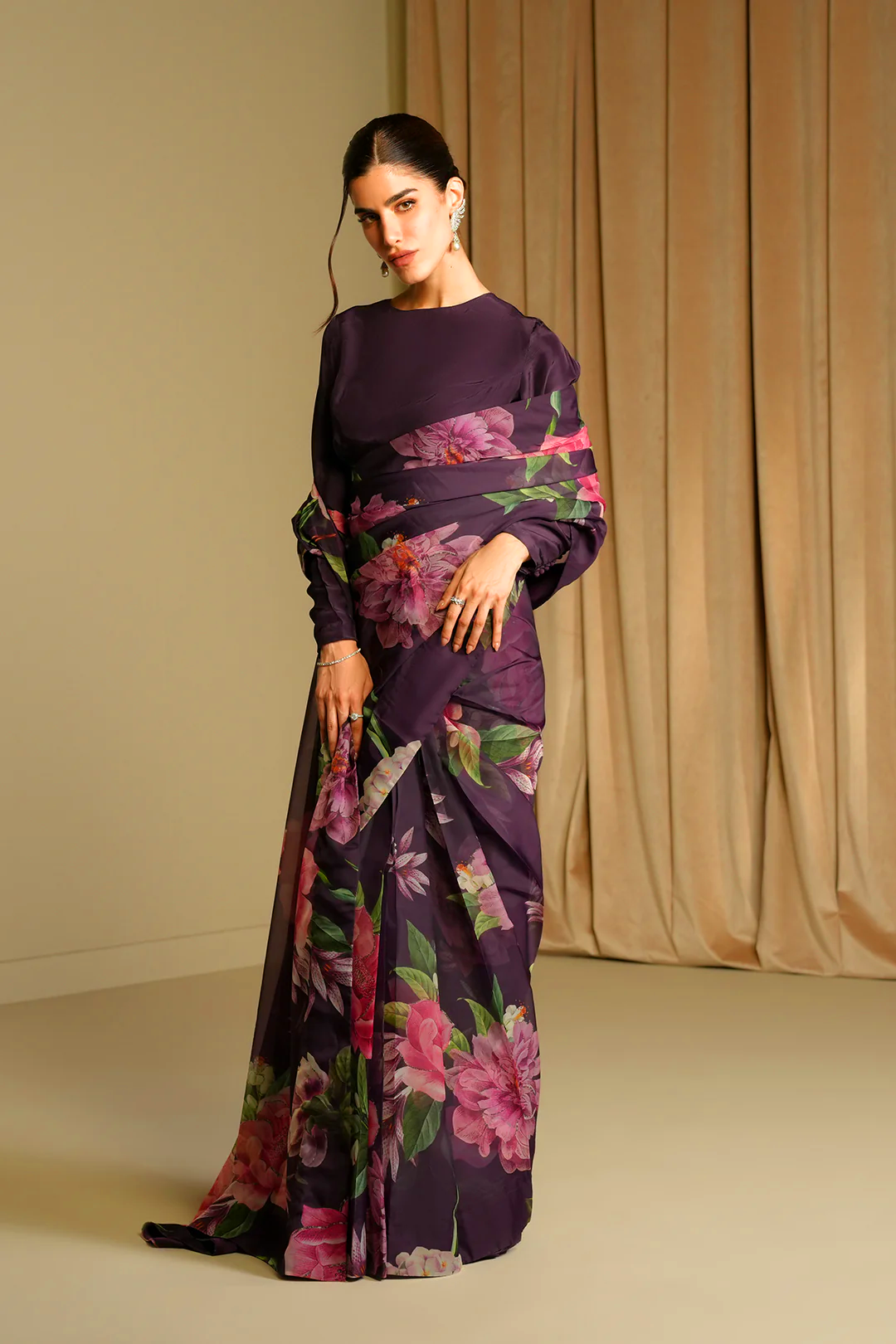 Elegant Purple Floral Silk Blend Saree with Unstitched Blouse