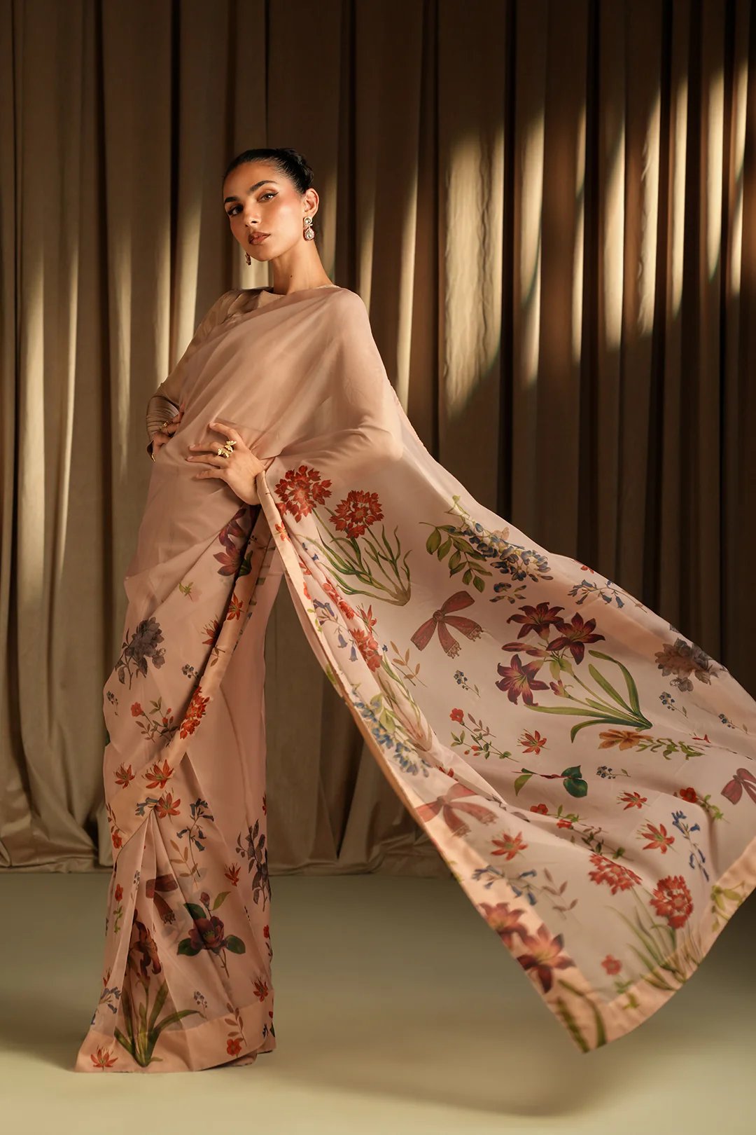 Elegant Beige Floral Silk Blend Saree with Unstitched Blouse