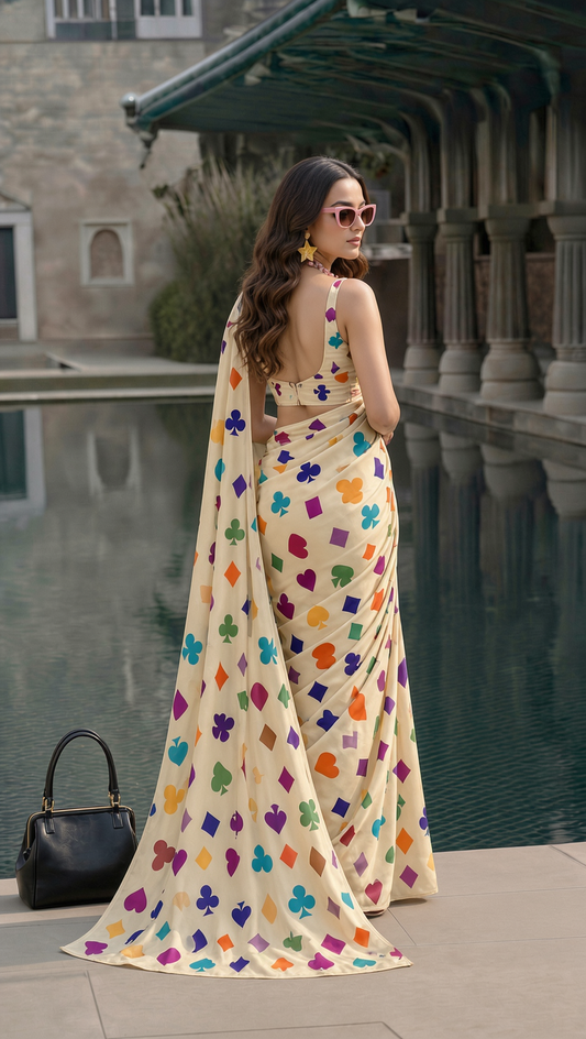 Trendy Poker Cards Print Saree | Modern Designer Saree for Women