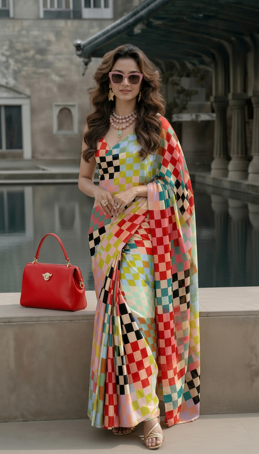 Multicolour Checkered Silk Blend Saree