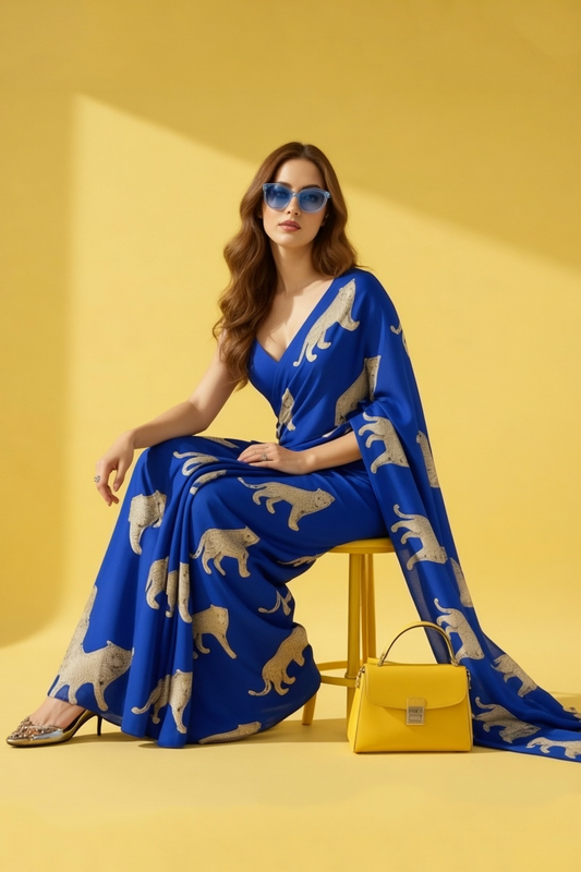Royal Blue Leopard Silk Blend fabric Saree