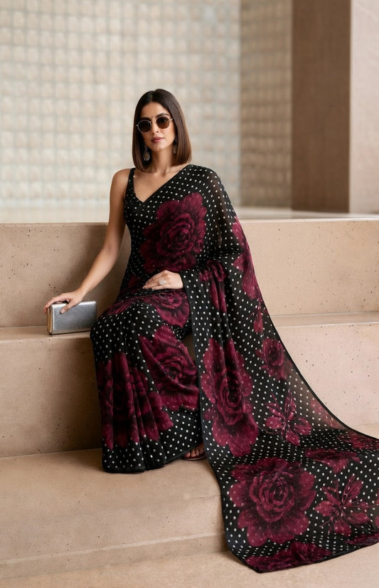 Black Rose & Polka Dot Georgette Saree