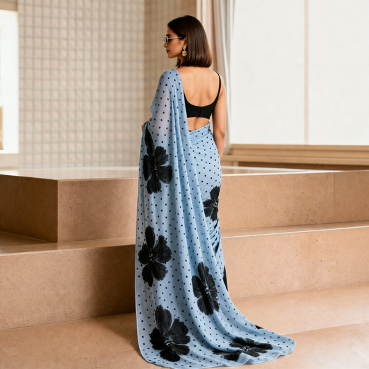 Sky Blue Floral & Polka Dot Georgette Saree