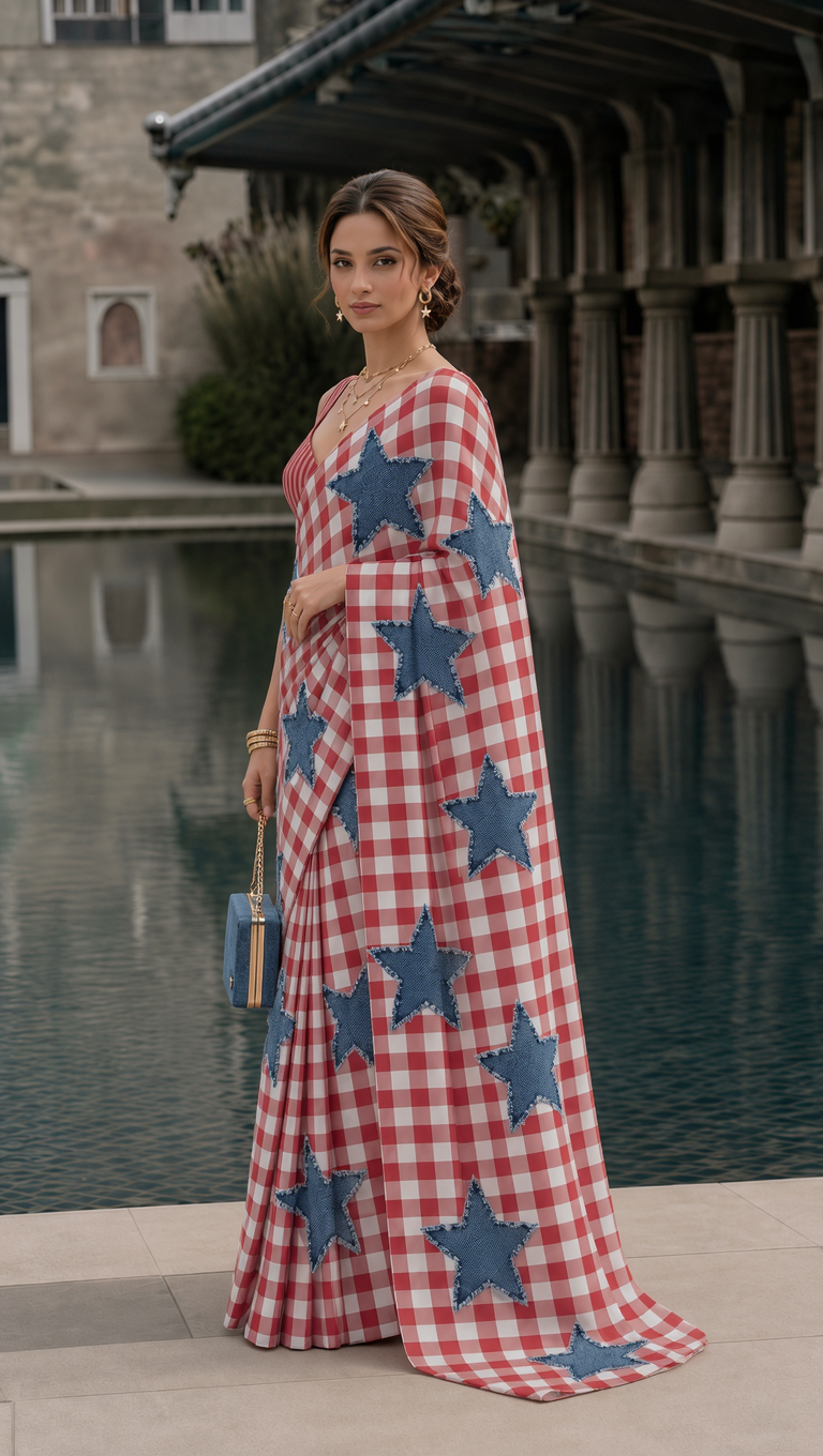 Printed Star Gingham Silk Blend Saree– (Printed, Not Appliqué)