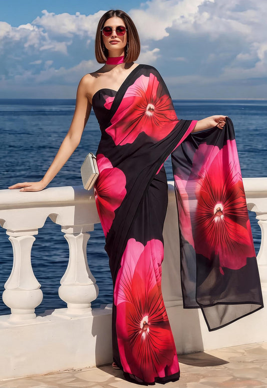 Black Fuchsia Hibiscus Print Ravelia Georgette Saree