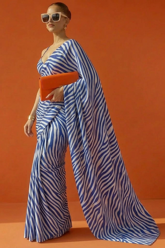 Blue & White Zebra Printed Silk Blend Saree