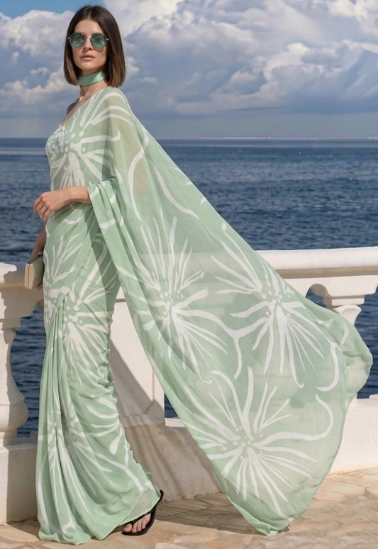 Sage Green Starburst Print Ravelia Georgette Saree