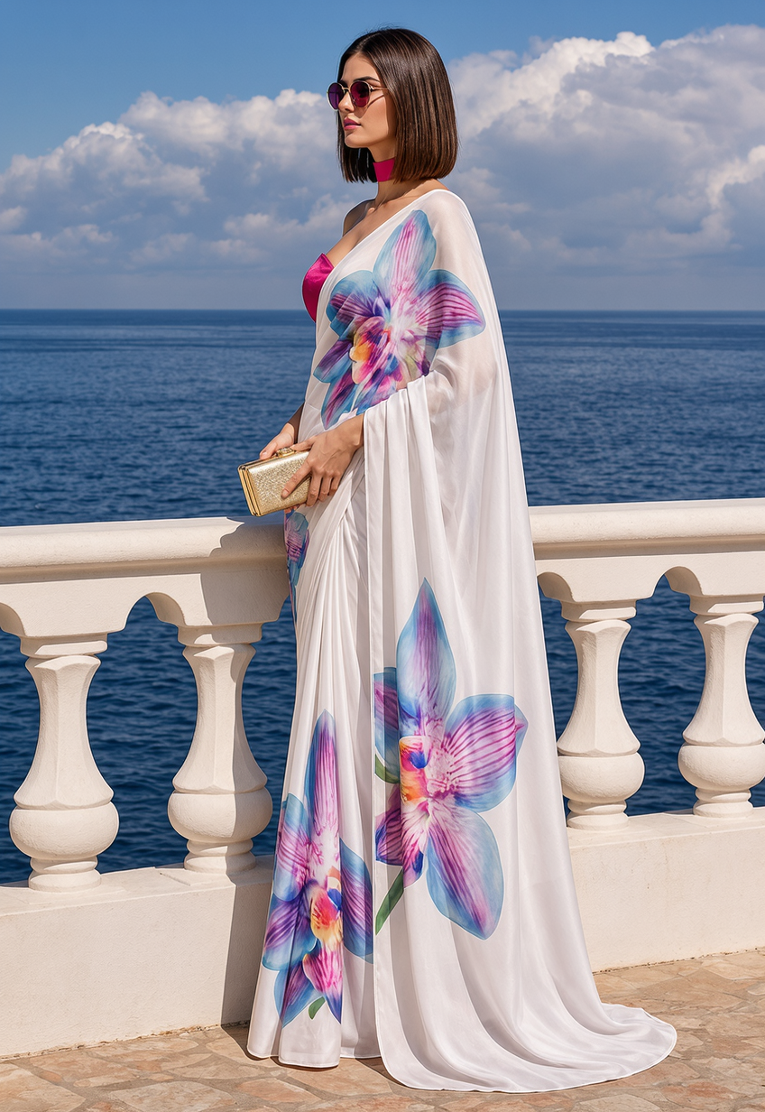 White Orchid Print Ravelia Silk Blend Saree