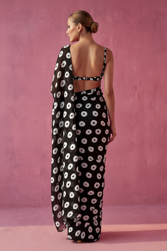 Black White Modern Pebble Dot Print Silk Blend fabric Saree