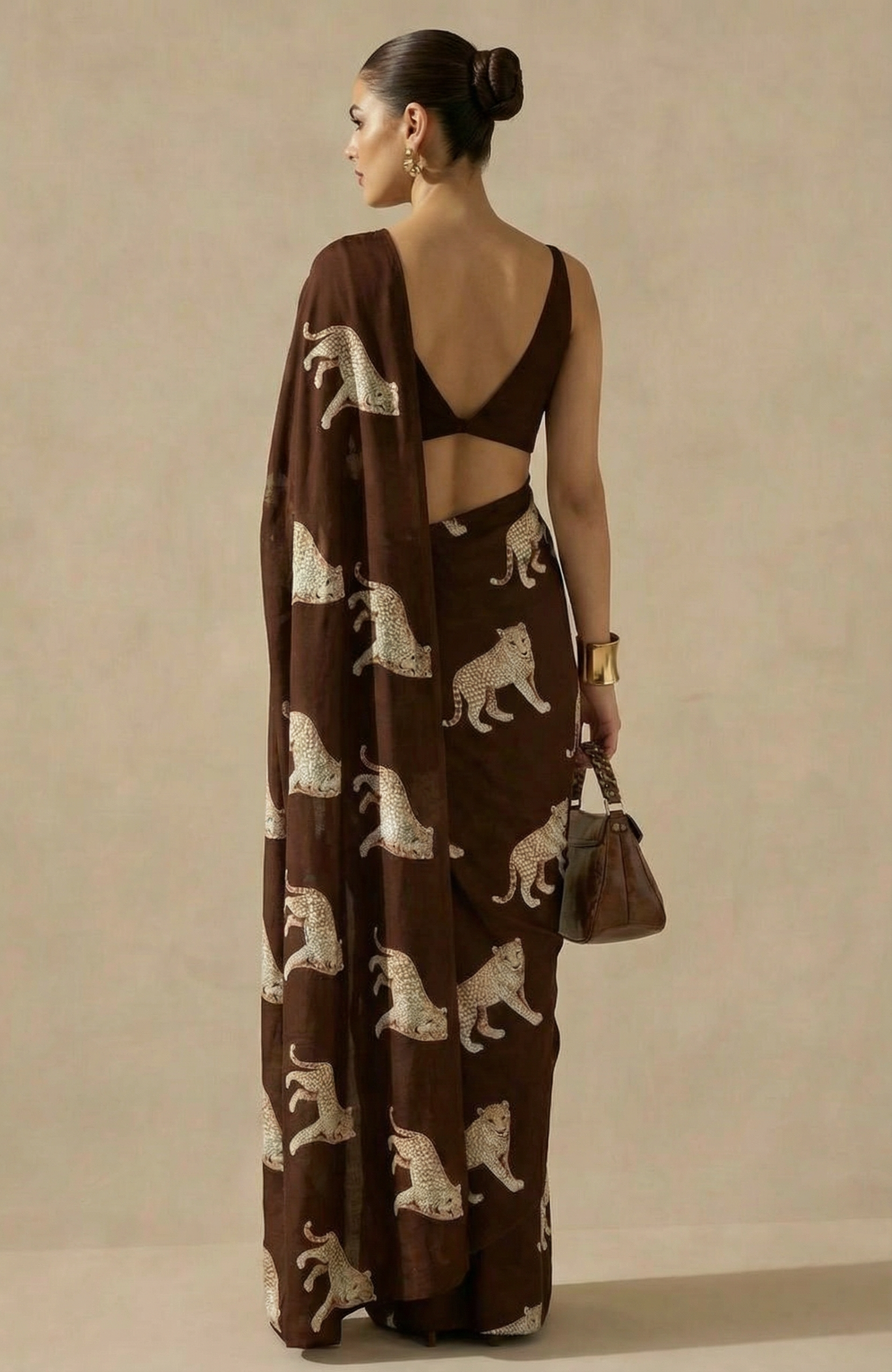 Dark Brown Leopard Printed Silk Blend Saree - Premium Animal Print Designer Saree