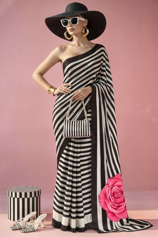 Black & White Striped Rose Silk Blend Saree