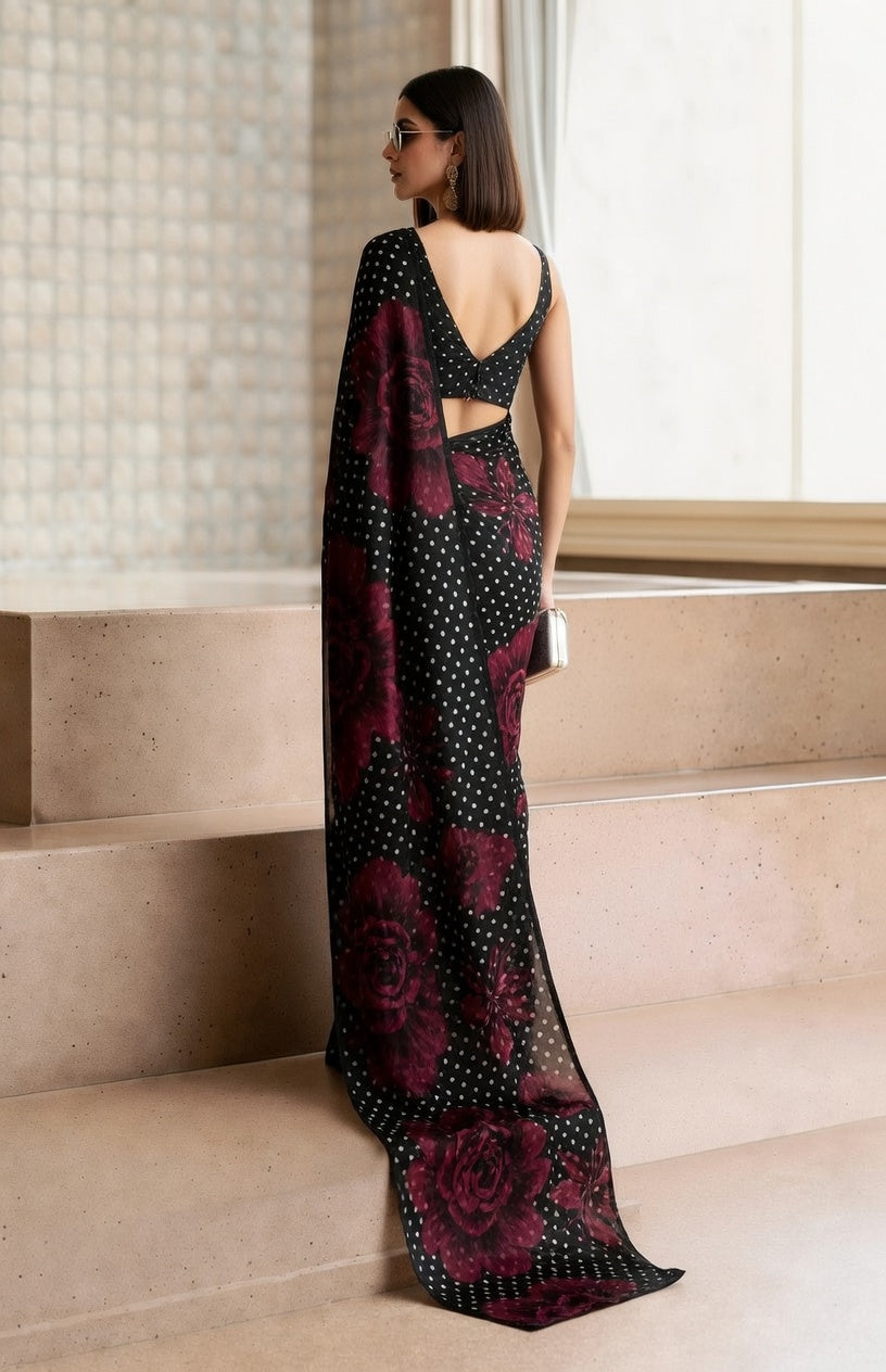 Black Rose & Polka Dot Georgette Saree