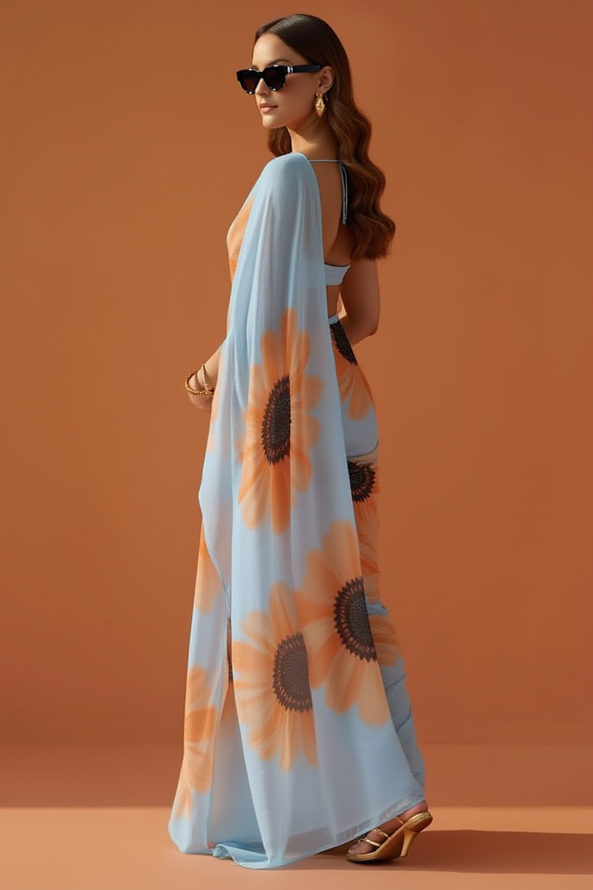 Sky Blue & Orange Sunflower Print Georgette Saree