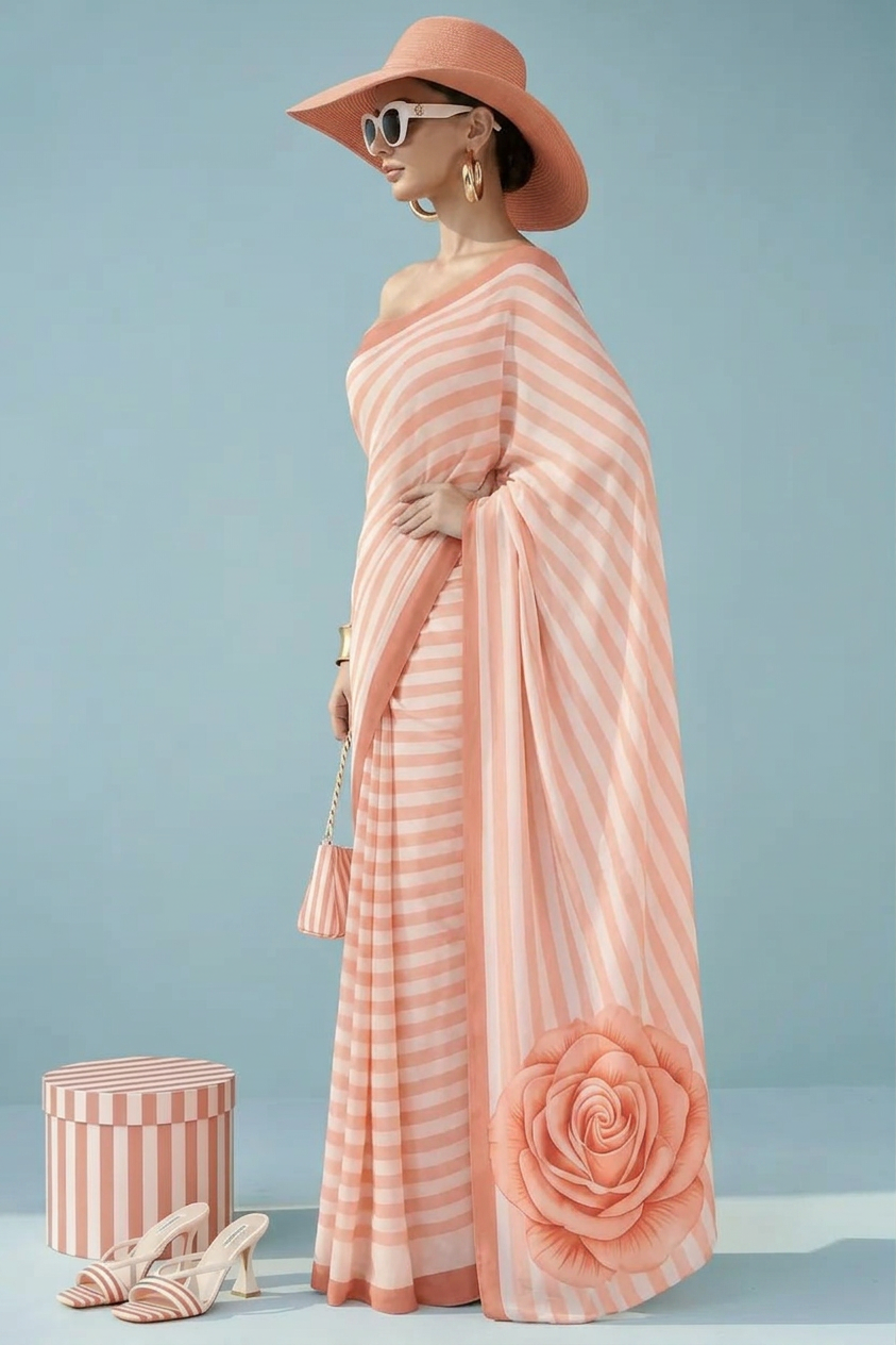 Peach Striped Rose Silk Blend Saree