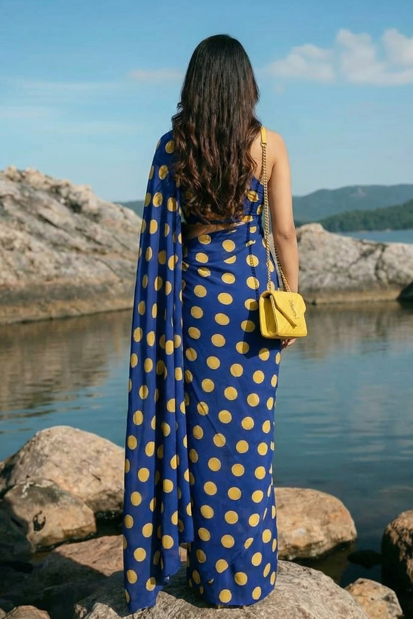 Blue & Yellow Polka Dot Silk Blend Saree