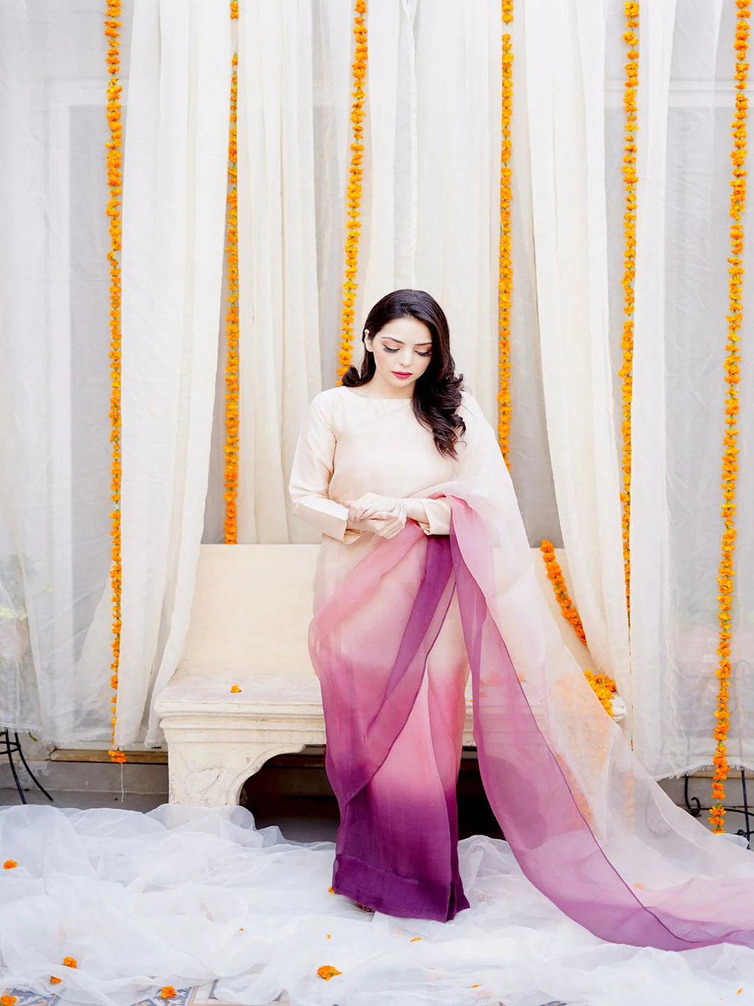 Multicolor Ombre Organza Saree – Vibrant Gradient Designer Drape with Unstitched Blouse