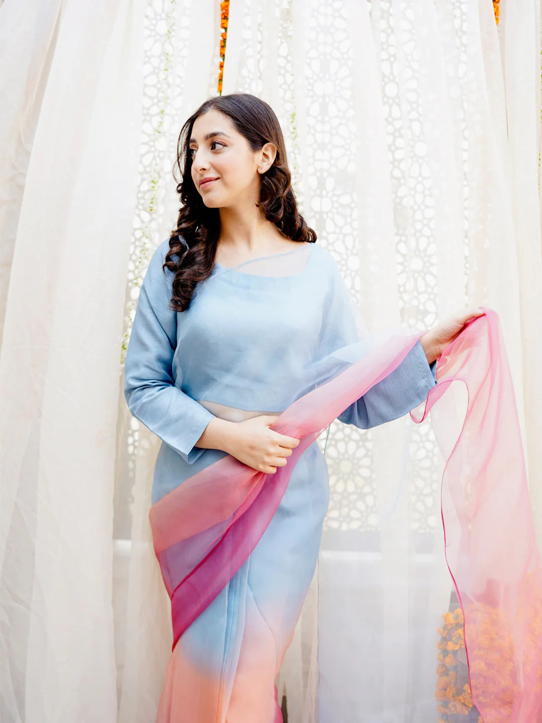 Blue to Pink Coral Ombre Organza Saree – Dreamy Designer Drape with Unstitched Blouse