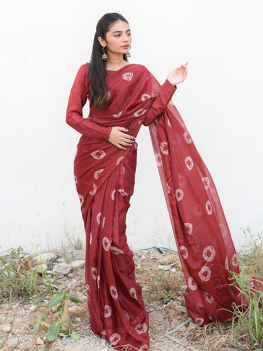 Maroon Handblock Printed Silk Blend Saree – Elegant Ethnic Wear for Women