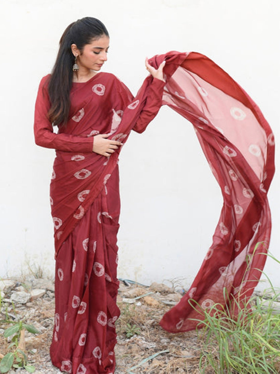 Maroon Handblock Printed Silk Blend Saree – Elegant Ethnic Wear for Women