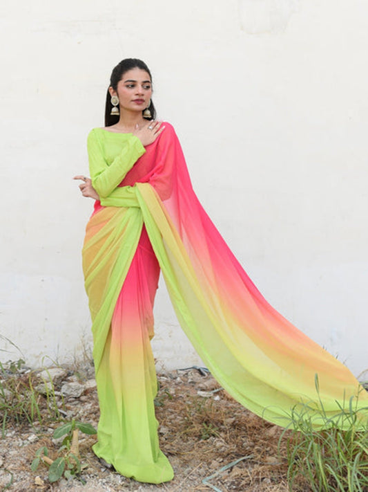 Neon Green to Pink Ombre Silk Blend Saree – Lightweight Partywear for Women
