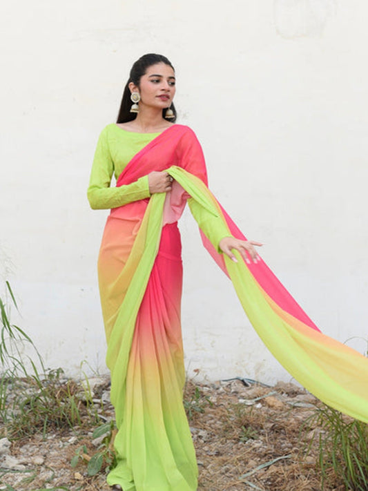 Neon Green to Pink Ombre Silk Blend Saree – Lightweight Partywear for Women
