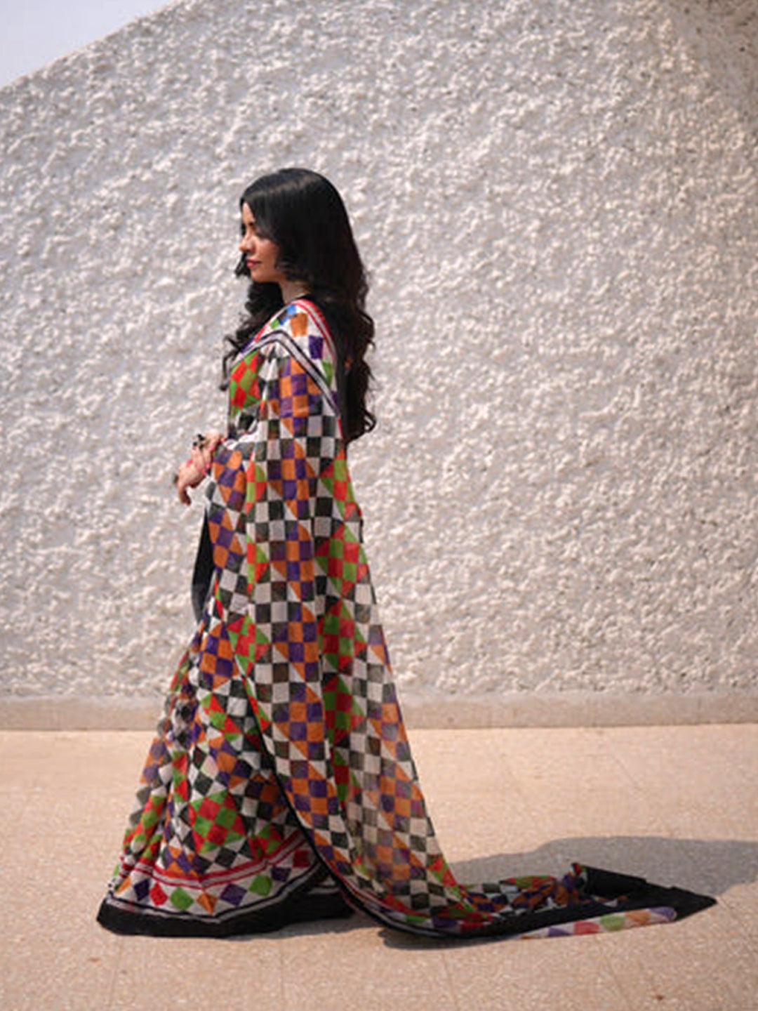 Multicolor Geometric Print Silk Blend Saree with Black Border – Elegant Festive Wear for Women