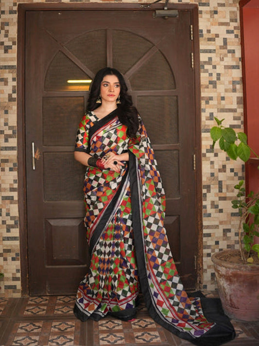 Multicolor Geometric Print Silk Blend Saree with Black Border – Elegant Festive Wear for Women