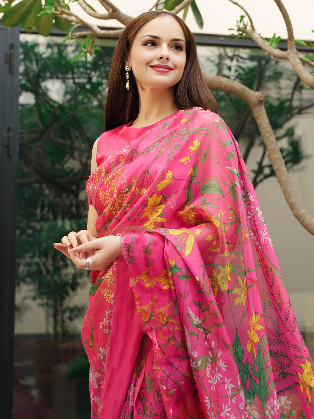 Pink Floral Silk Blend Saree - Vibrant Printed Saree