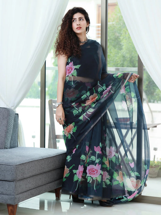 Elegant Black Organza Saree - Pink Rose Floral Print