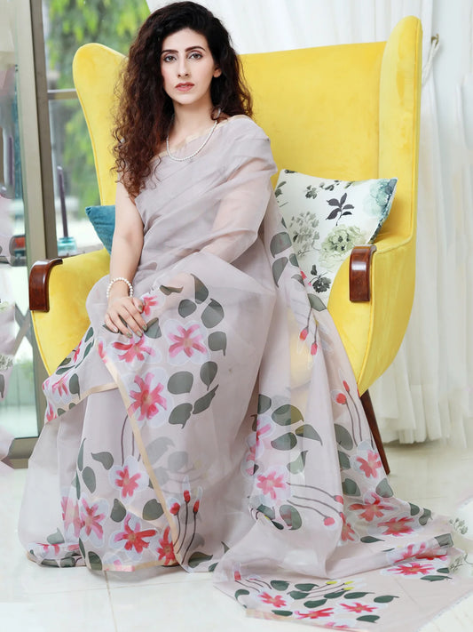 Graceful Light Pink Organza Saree - Delicate Floral Print