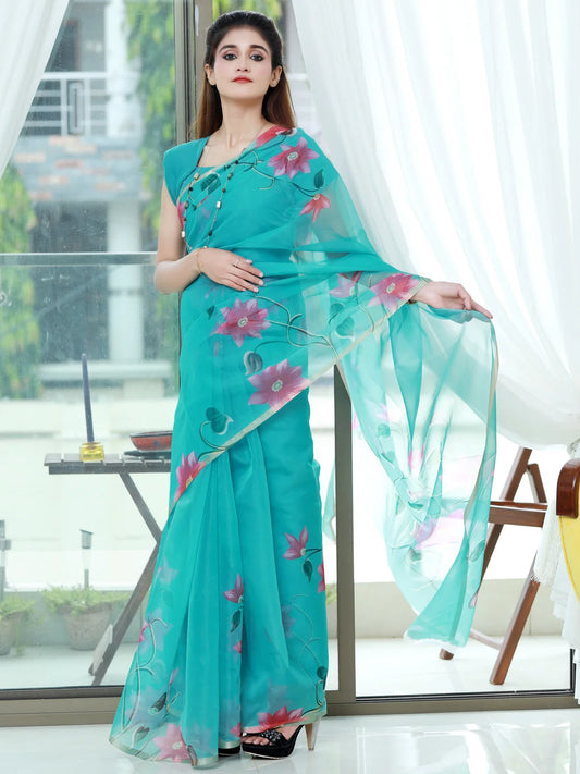 Stunning Peach Turquoise Organza Saree - Floral Print Design