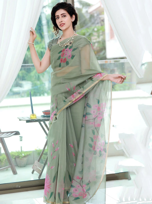 Elegant Sage Green Organza Saree - Pink Floral Print