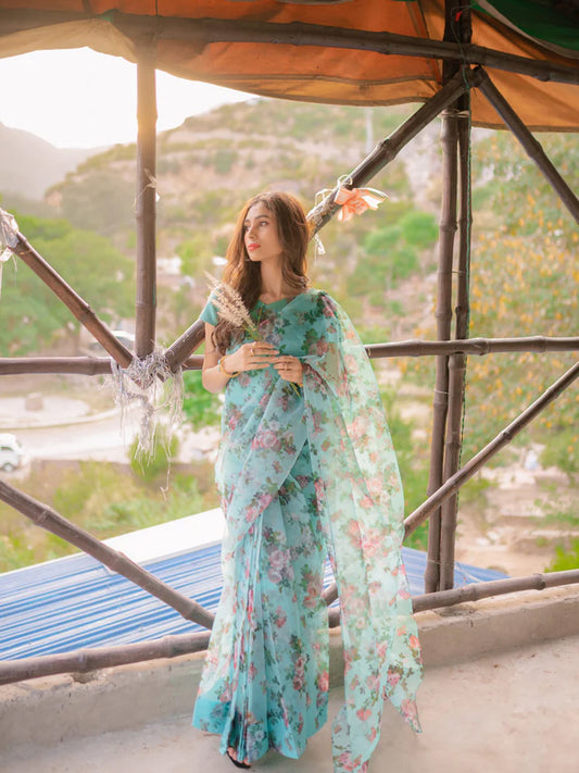 Beautiful Turquoise Organza Saree - Vibrant Floral Print