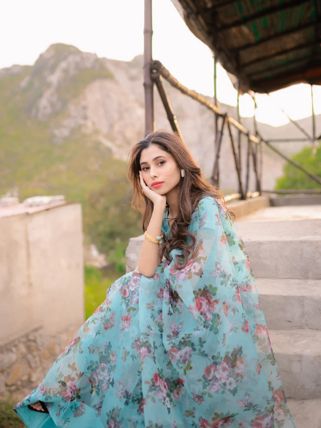 Beautiful Turquoise Organza Saree - Vibrant Floral Print