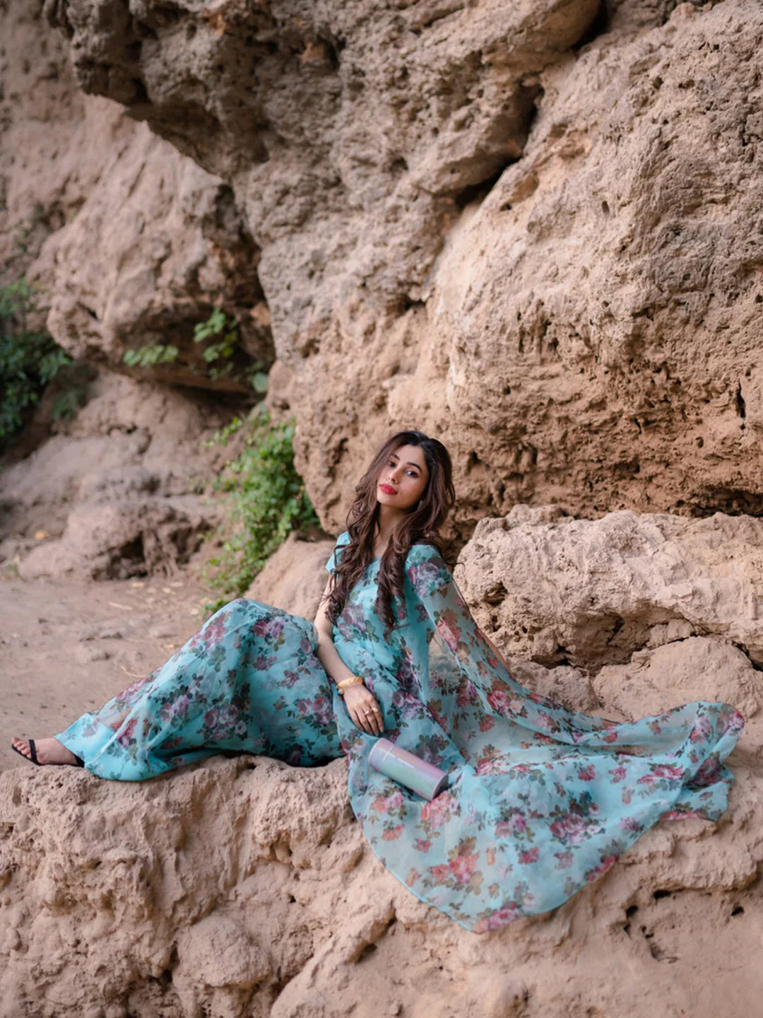 Beautiful Turquoise Organza Saree - Vibrant Floral Print