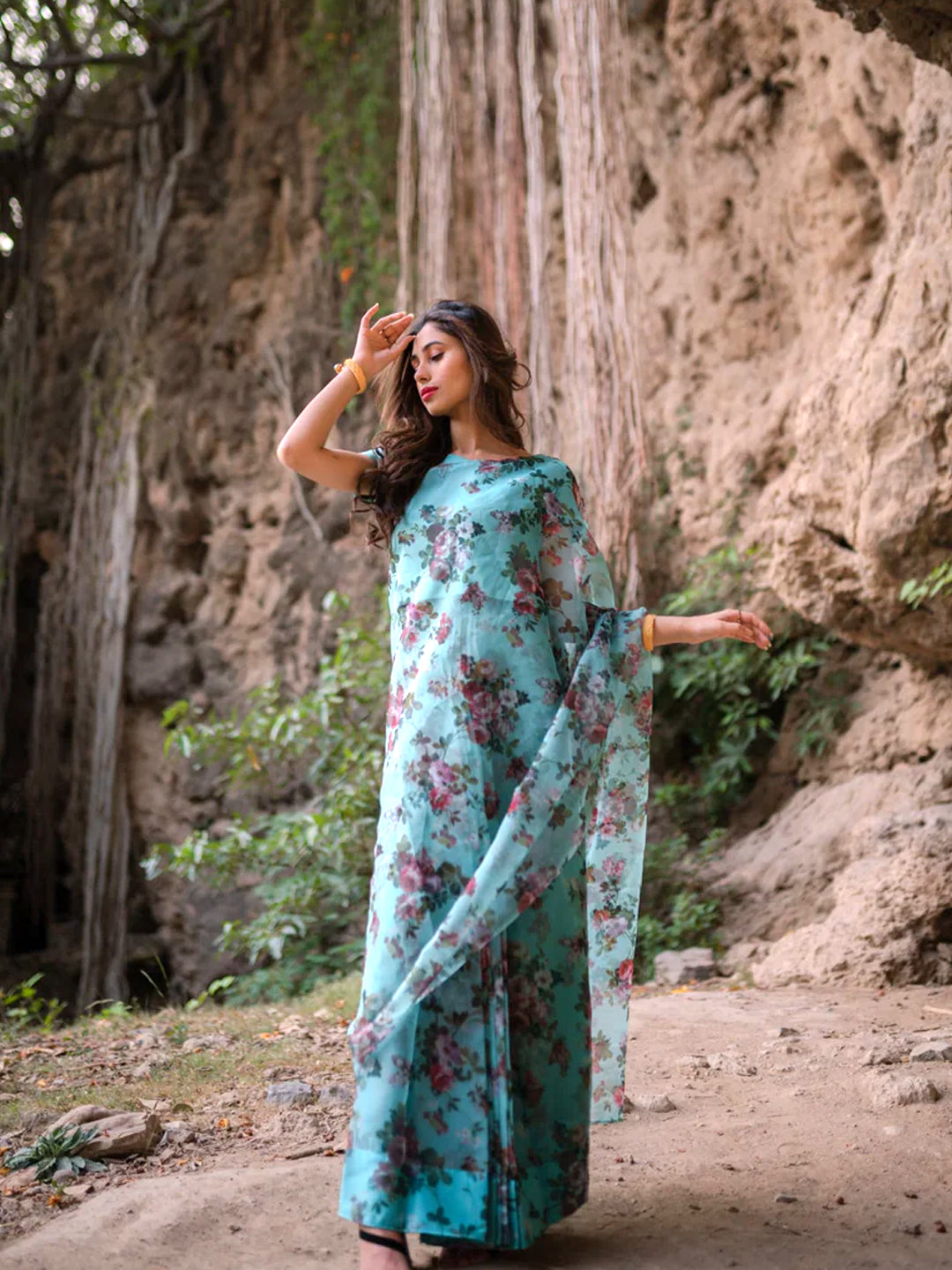 Beautiful Turquoise Organza Saree - Vibrant Floral Print