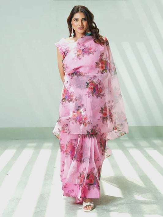 Gorgeous Pink Organza Saree - Vibrant Floral Print