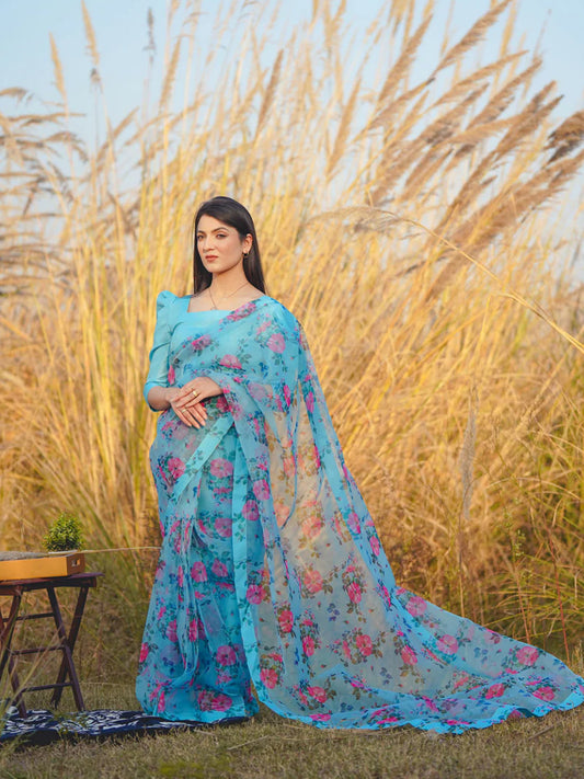 Stunning Sky Blue Organza Saree - Pink Floral Print