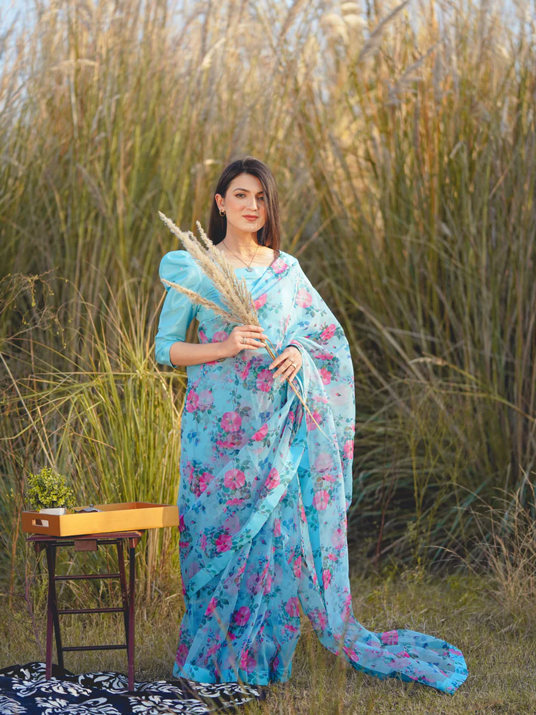 Stunning Sky Blue Organza Saree - Pink Floral Print