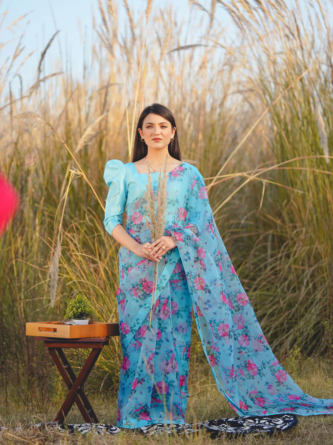 Stunning Sky Blue Organza Saree - Pink Floral Print