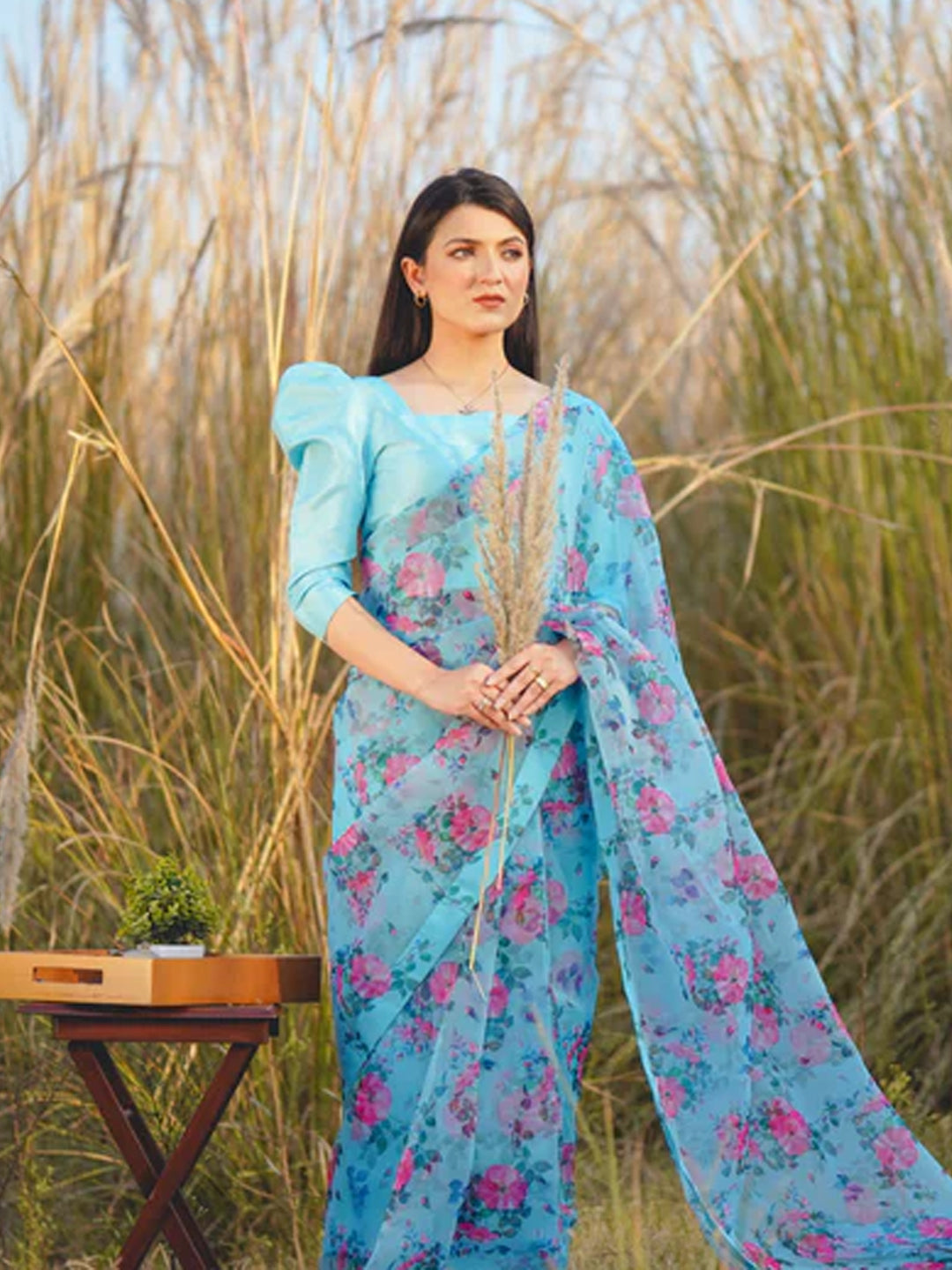 Stunning Sky Blue Organza Saree - Pink Floral Print