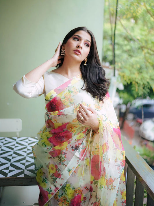 Elegant White Organza Saree - Multicolor Floral Print