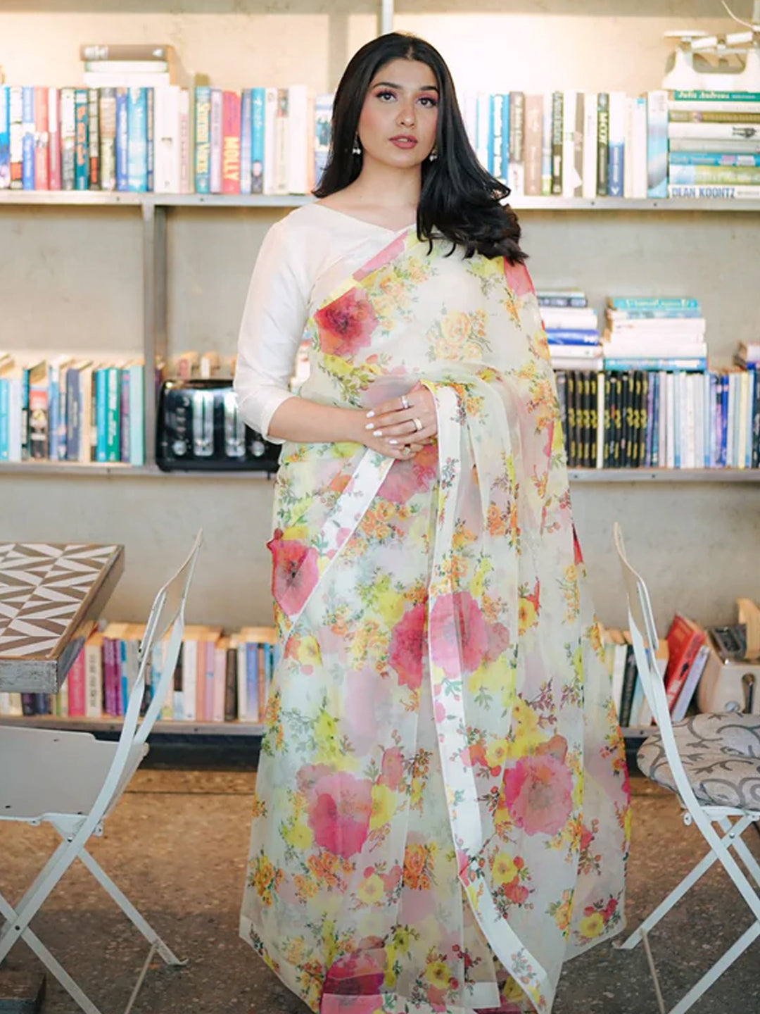 Elegant White Organza Saree - Multicolor Floral Print