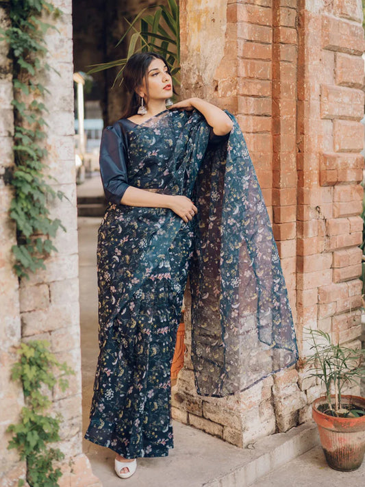 Sophisticated Navy Blue Organza Saree - Delicate Floral Print