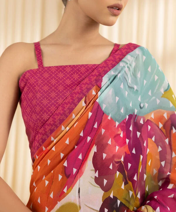 Multicolor Printed Colorblock Silk Blend Saree - Geometric Saree