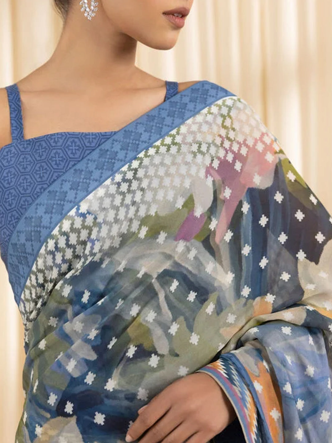 Printed Chevron Silk Blend Saree - Multicolor Geometric Saree